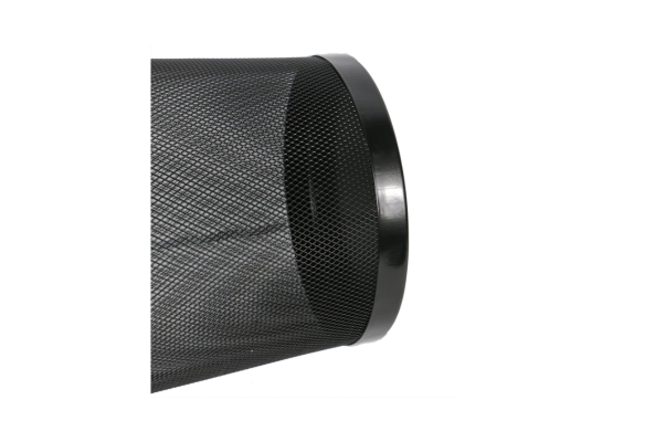 Black mesh metal waste bin with solid top rim by Meta Furniture for office or home use