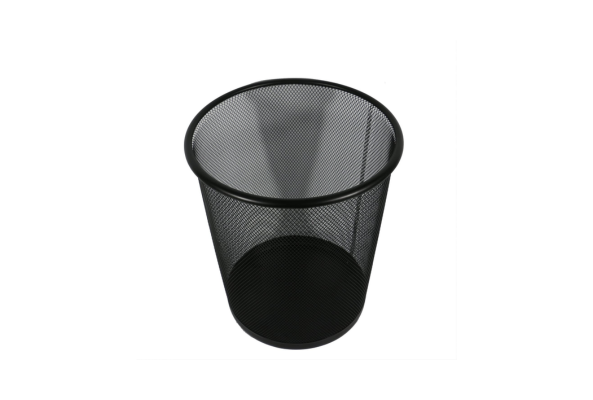 Black metal mesh waste bin with round shape and open top for office or home use