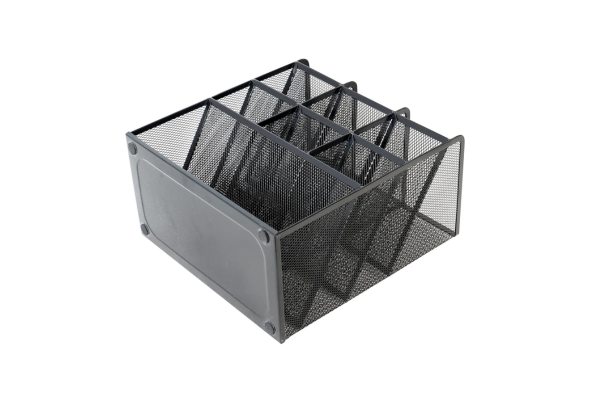 Black metal mesh pen holder with multiple compartments for organizing office supplies