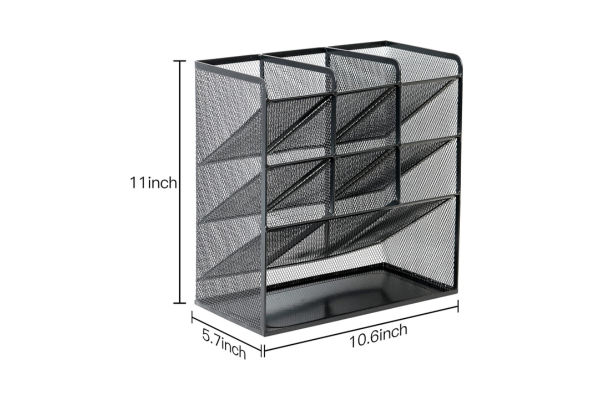 Meta Furniture black metal mesh pen holder with multiple compartments measuring 11 by 10.6 by 5.7 inches