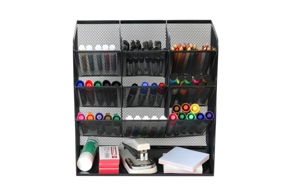 Meta Furniture black mesh pen holder with multiple compartments holding markers, pencils, and office supplies
