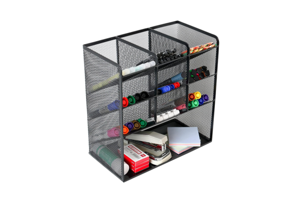 Meta Furniture black metal mesh pen holder with multiple compartments for office supplies