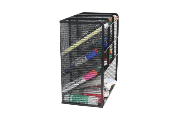 Black metal mesh pen holder by Meta Furniture organizing various colored markers and pens