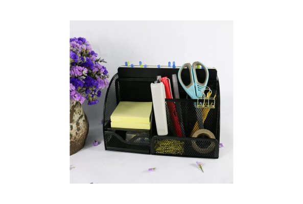 Meta Furniture black mesh Organizer Set with sticky notes scissors tape and pens on white background