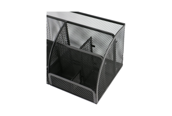 Black metal mesh desk organizer set by Meta Furniture with multiple compartments for office supplies