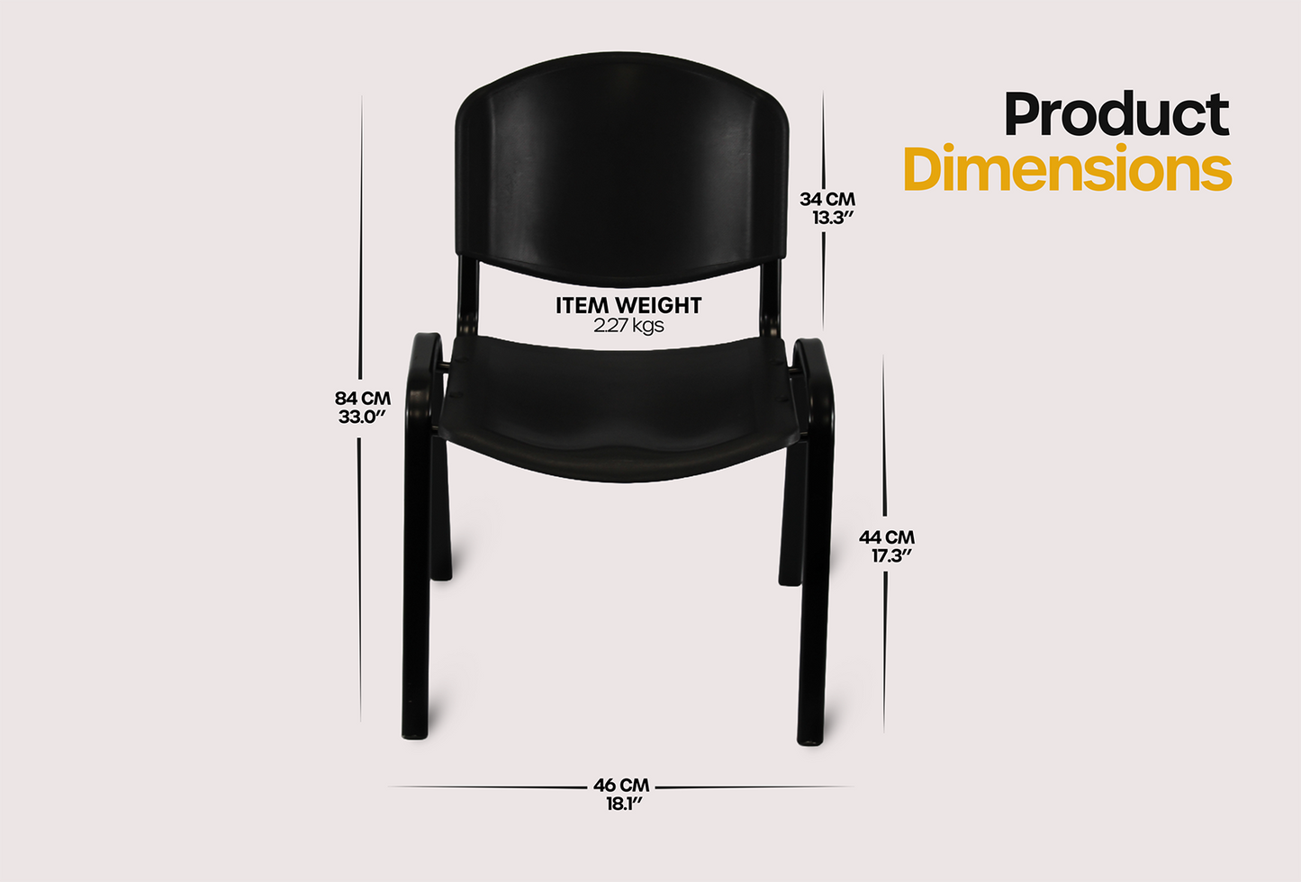 Black Plastic Stacking Chair by Meta Furniture with detailed product dimensions and item weight