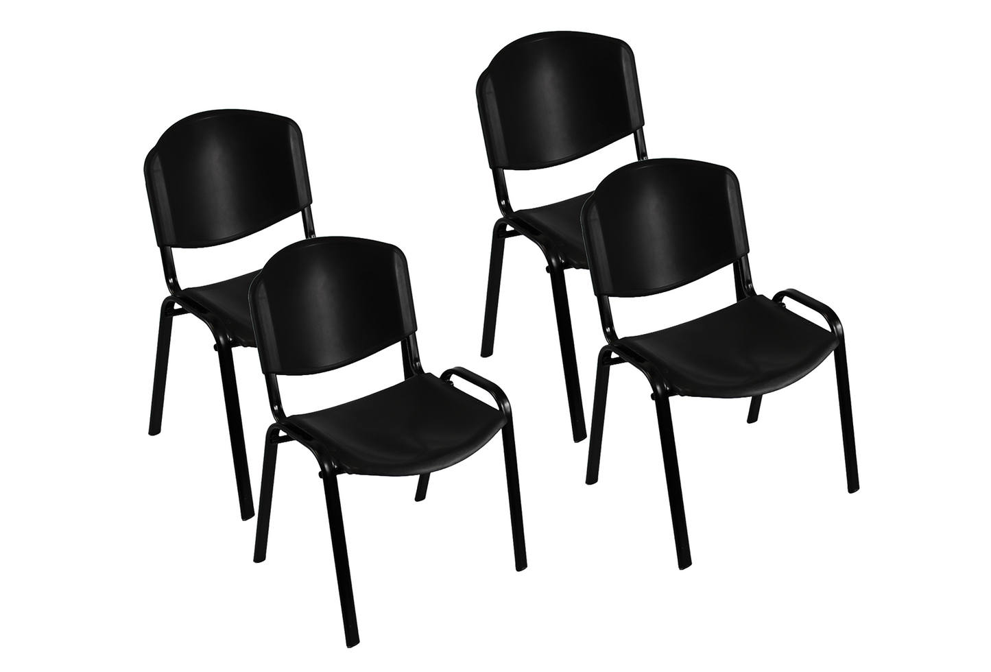 Set of four black Plastic Stacking Chairs with metal legs designed for versatile seating