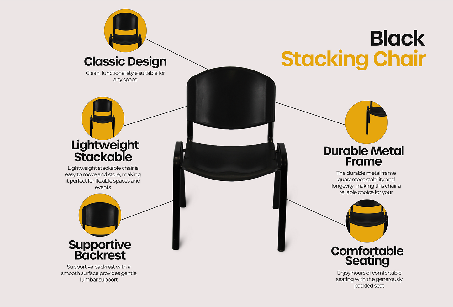 Black Plastic Stacking Chair by Meta Furniture with classic design, durable metal frame, lightweight stackable, supportive backrest, and comfortable seating