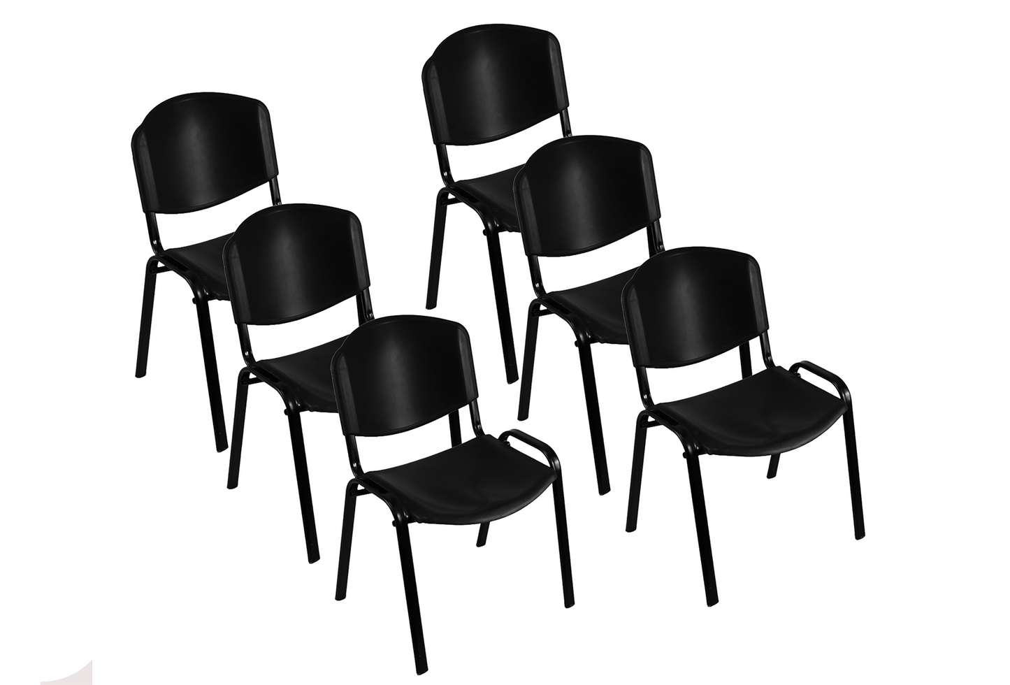Set of six black plastic stacking chairs with metal legs by Meta Furniture