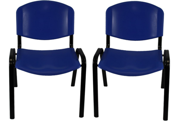 Two blue Plastic Stacking Chairs with black metal legs and armrests from Meta Furniture