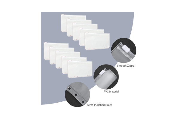 Meta Furniture Budget Binder clear PVC zipper pouches with 6 pre-punched holes for organizing documents
