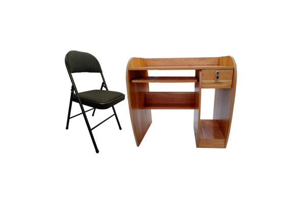 Meta Furniture Computer Table With Drawer & Fabric Folding Chair in wood finish and black fabric seat
