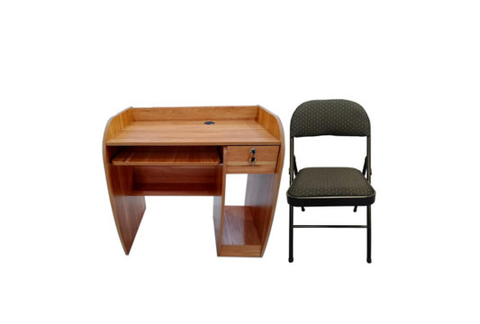 Computer Table With Drawer & Fabric Folding Chair set by Meta Furniture in wood and dark fabric