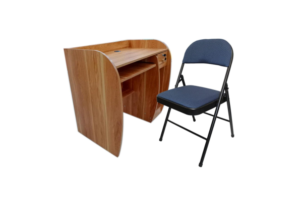 Computer Table With Drawer & Fabric Folding Chair set in wood finish and blue fabric seat
