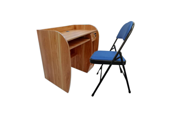 Meta Furniture computer table with drawer and fabric folding chair in blue and wood finish