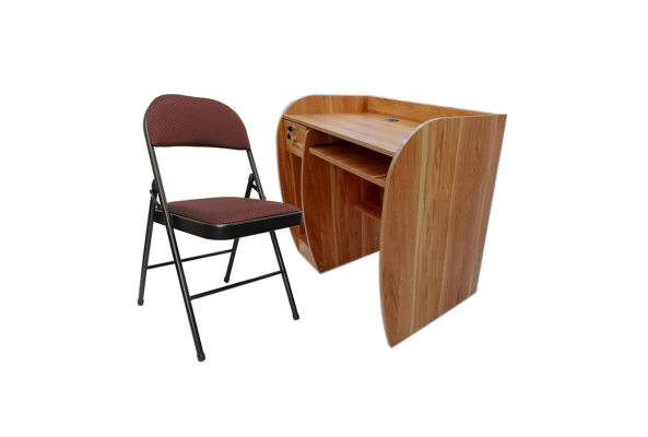 Computer Table With Drawer and Fabric Folding Chair set by Meta Furniture in wood and brown fabric finish