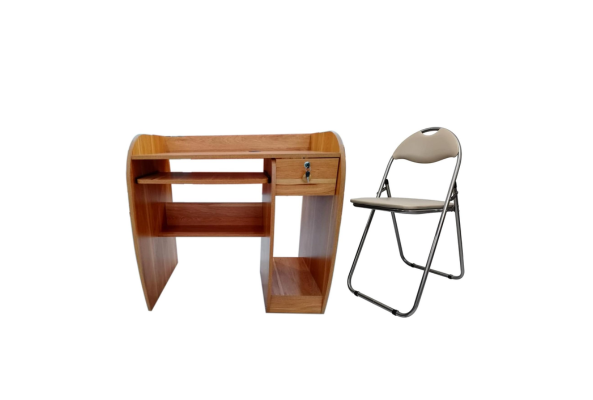 Meta Furniture computer table with drawer and leather folding chair set in wood and beige