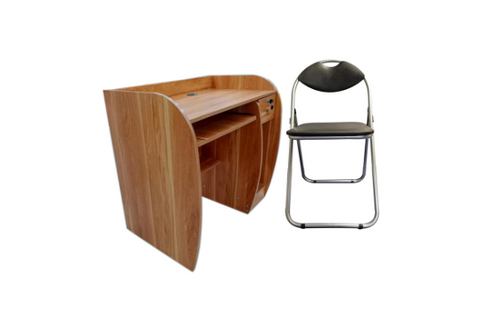 Meta Furniture computer table with drawer and leather folding chair set in wood finish and black seat
