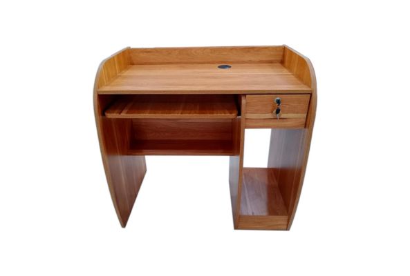 Meta Furniture computer table with drawer and leather folding chair in natural wood finish