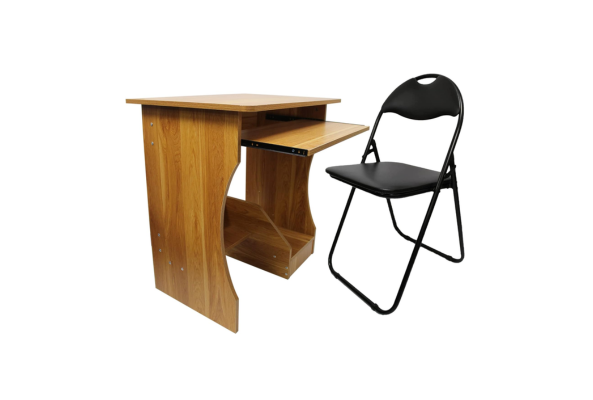 Meta Furniture computer table with slide and leather folding chair set in black and wood finish