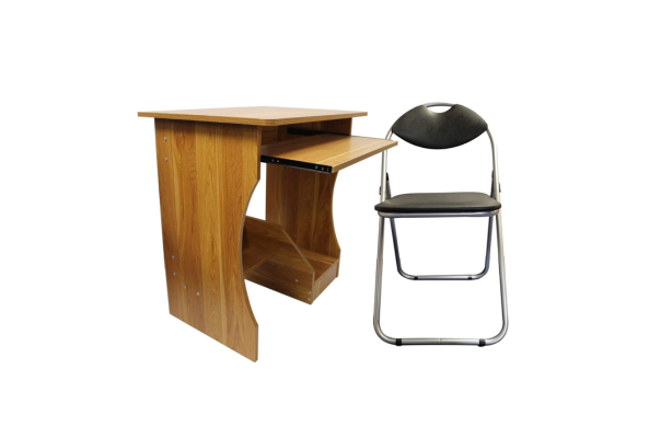 Meta Furniture Computer Table With Slide and Leather Folding Chair set in wood and black leather