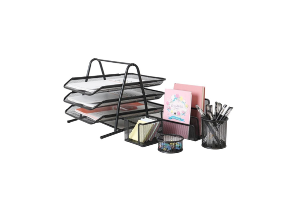 Meta Furniture Desk Organiser 5 Pieces set including letter trays, pen holder, sticky note dispenser, and storage cup