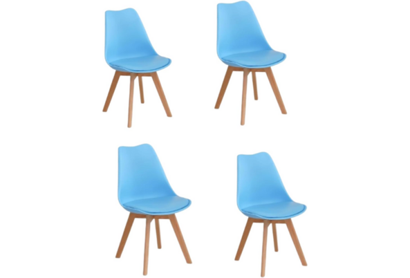 Set of four blue modern dining chairs with wooden legs by Meta Furniture