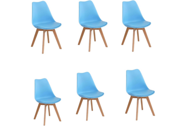 Set of six blue dining chairs with molded seats and wooden legs from Meta Furniture