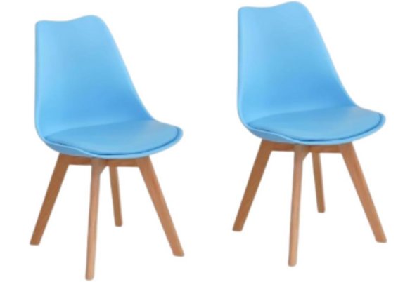 Pair of blue modern dining chairs with wooden legs by Meta Furniture