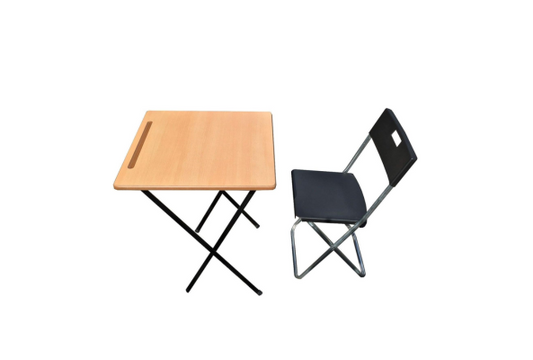 Meta Furniture exam table and plastic folding chair set with wooden tabletop and black metal frame