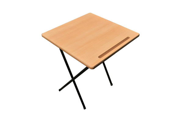 Meta Furniture exam table with light wood top and black metal folding legs for compact use