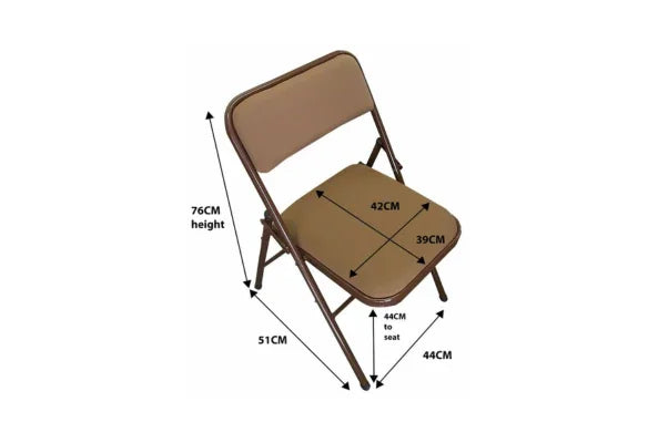 Fabric Folding Chair Turkish in brown with metal frame showing dimensions for height and seat size