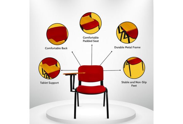 Meta Furniture Fabric Stacking Chair With Tablet featuring comfortable padded seat and back with durable metal frame