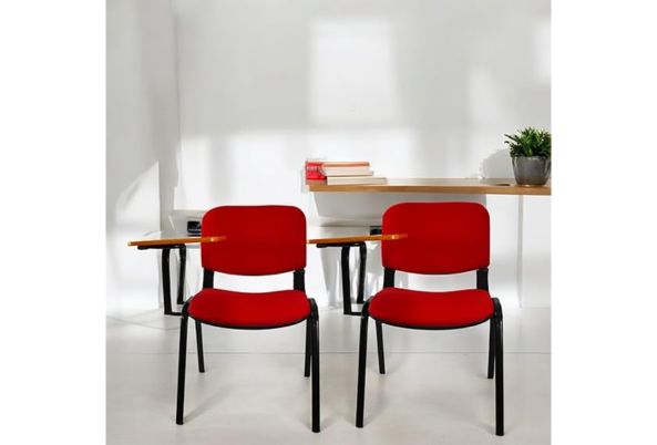 Red Fabric Stacking Chair With Tablet on black frame in a bright modern office setting