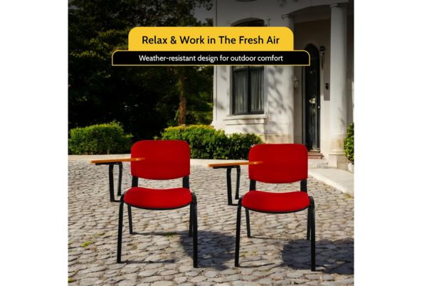 Meta Furniture Fabric Stacking Chair With Tablet in red outdoor setup on stone patio
