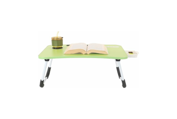 Green laptop table with lights and drawer featuring foldable legs, cup holder, and book on top