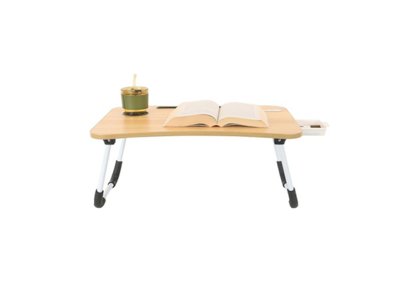Meta Furniture Laptop Table With Lights And Drawer in wood finish with white legs holding a book and a cup