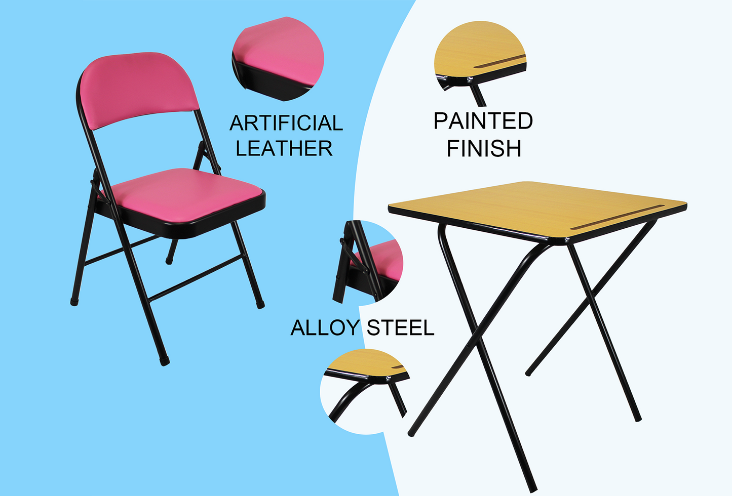 Leather Folding Chair and Exam table with artificial leather seat, painted finish table, and alloy steel frame