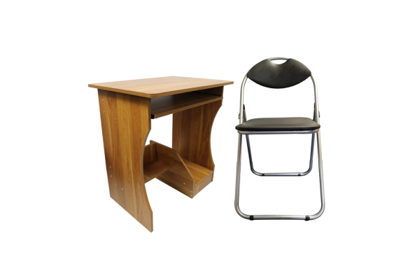 Computer Table With Slide & Leather Folding Chair set in wood finish and black seat for home office use