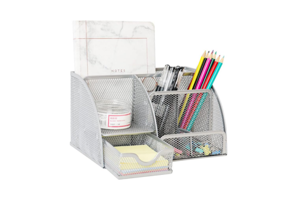 Meta Furniture gray mesh desk organizer set holding pencils, pens, sticky notes, and notebook