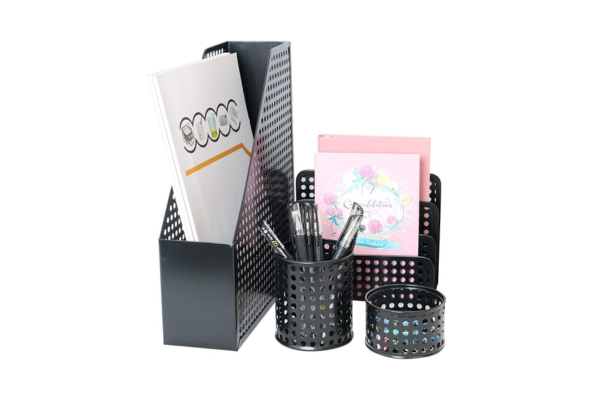 Meta Furniture Stationary Set Holder 5 Piece black metal desk organizer with pen holders and file holder