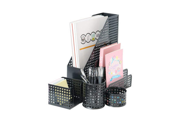 Meta Furniture Stationary Set Holder 5 Piece black metal desk organizer with compartments for pens and documents