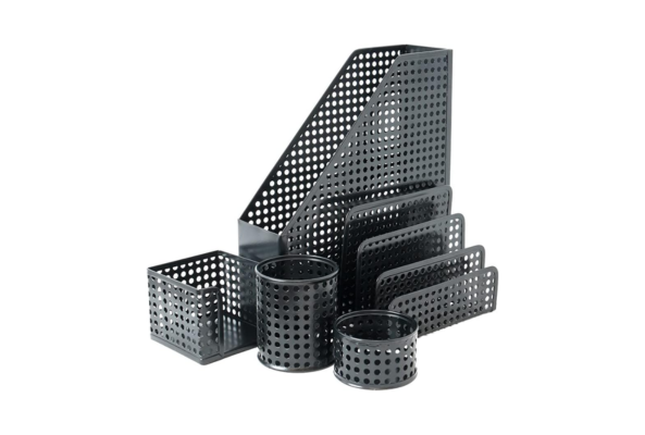 Black metal perforated Stationary Set Holder 5 Piece by Meta Furniture for desk organization