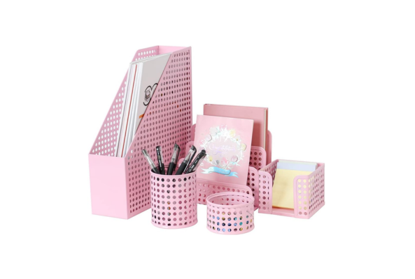 Meta Furniture pink Stationary Set Holder 5 Piece with magazine holder pen cup and note organizer