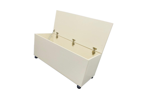 White Meta Furniture storage box with hinged lid and wheels for easy mobility