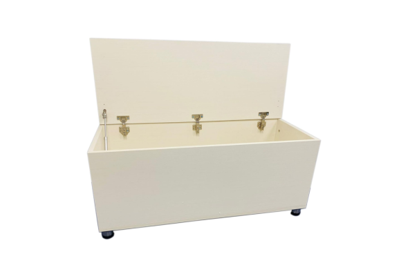 Meta Furniture beige wooden storage box with open lid and small caster wheels