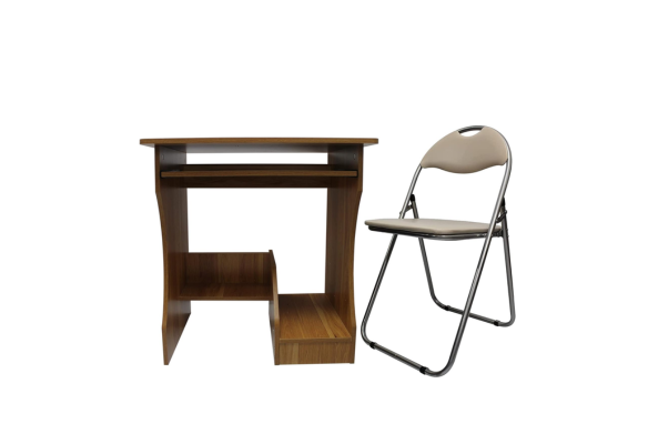 Computer Table With Slide & Leather Folding Chair set in wood finish and beige leather by Meta Furniture