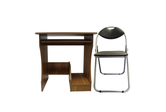 Computer Table With Slide and Leather Folding Chair set in brown wood and black leather by Meta Furniture