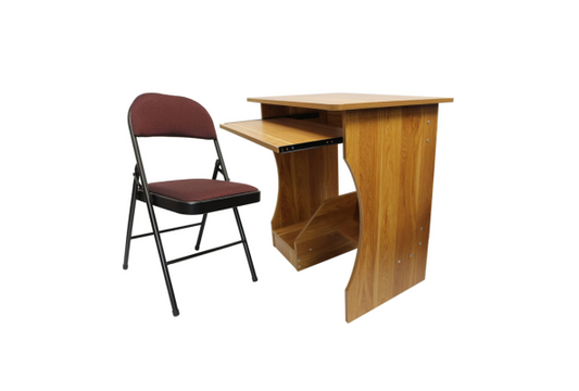 Meta Furniture Computer Table With Slide and Fabric Folding Chair in brown and black frame