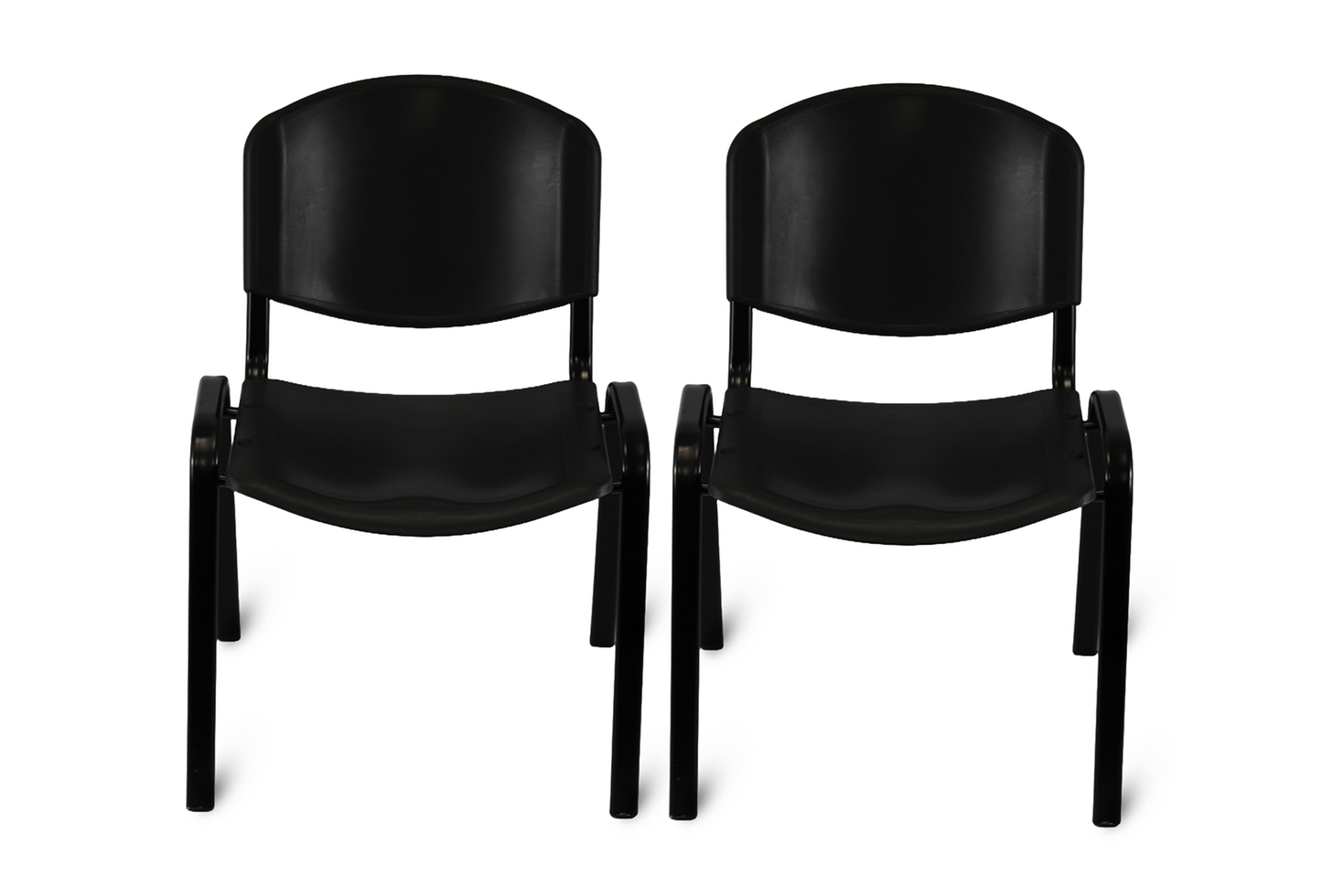 Set of two black Meta Furniture plastic stacking chairs with ergonomic backrest and armrests